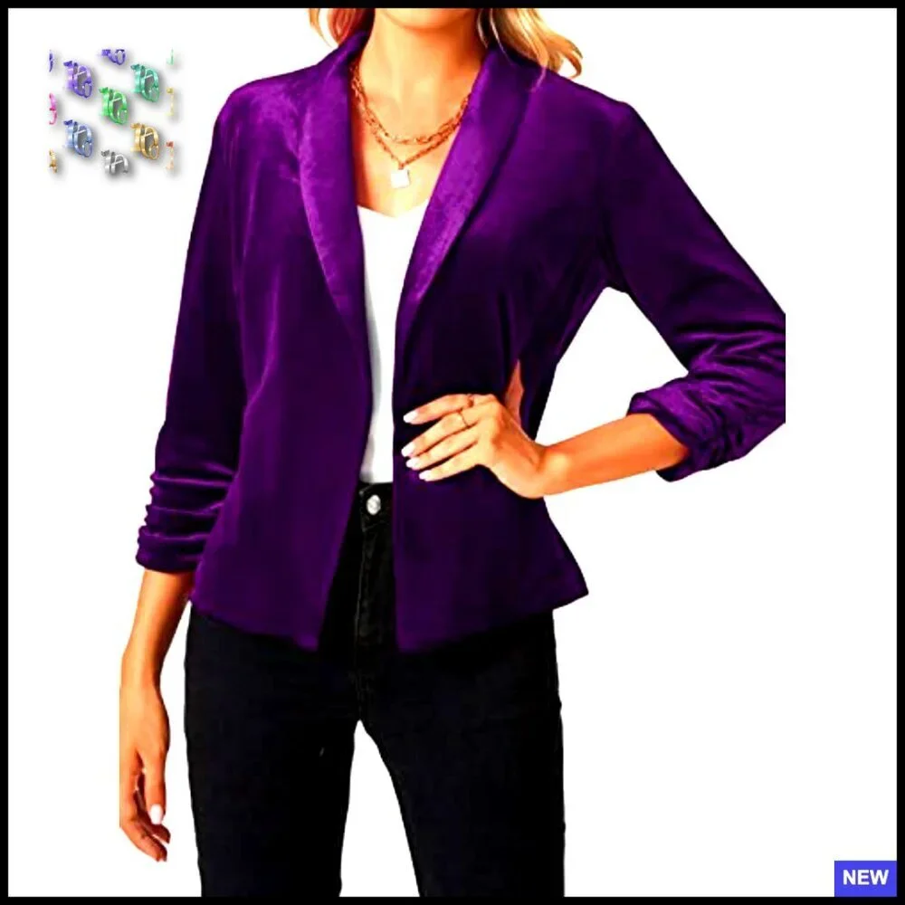 Velvet Blazer 3/4 Ruched Sleeve Shawl Lapel Open Front Chic Business Casual